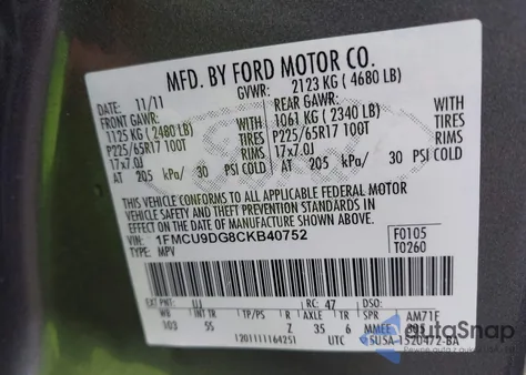 2012 Ford Escape Xlt из США, поврежденный, VIN 1FMCU9DG8CKB40752